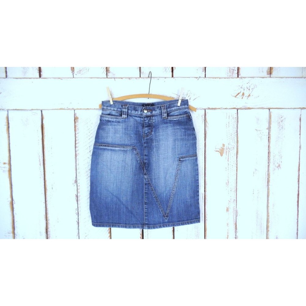 90s vintage distressed faded dark blue cotton jean denim pencil skirt - Picture 2 of 8